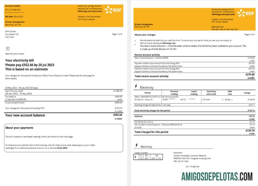 Para baxiar França EDF Energy Utility Bill Modelo Word e PDF, 4 páginas 1 2